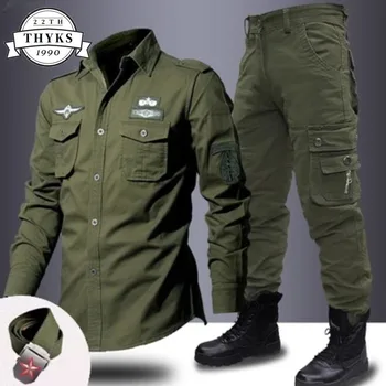 Военен комплект Мъжки памучни мулти-джобове Външни свободни ежедневни ризи Износоустойчиви панталони + колан костюми Тактически работни униформи комплекти