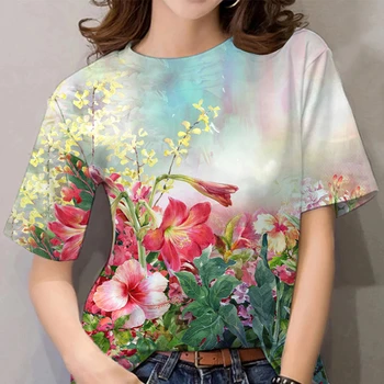 Дамска тениска ярък цвят цветен графичен къс ръкав блуза хлабав извънгабаритни дамски дрехи 3d печат T риза момичета