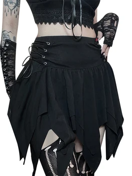 Дамски летни мини пола черна висока талия неправилна подгъва превръзка пола за косплей парти