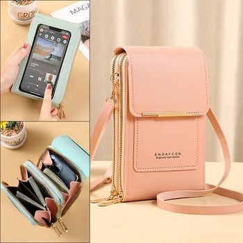 Дамски чанти Меки кожени портфейли Сензорен екран мобилен телефон чанта Crossbody презрамка чанта за дама притежателите на карти малка чанта