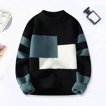 Дебел плетен пуловер Colorblock плетен мъжки пуловер за есен зима дебел топъл O врата пуловер с дълъг ръкав мек ластик