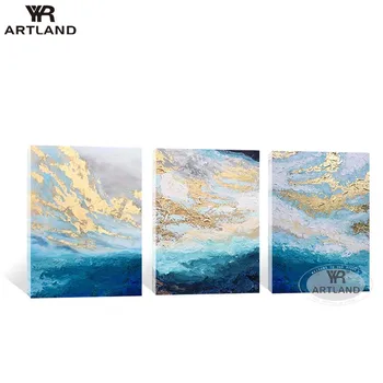  декорация на дома 3 панела платно картини за стена Ръчно рисувани абстрактни маслени бои синьо и златно небе пейзаж за стая
