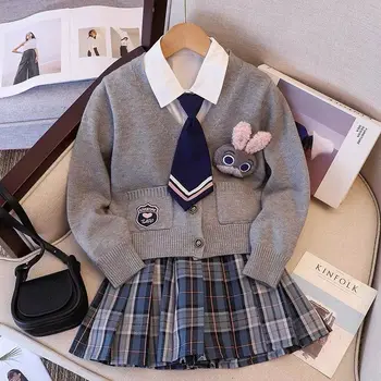 Детски есенен пуловер униформен комплект Момичешки плетен анимационен пуловер + плисирана пола Академия стил комплект зима 2023