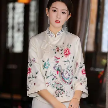 етнически стил Tang костюм палто ретро бродерия бутон китайски топ жените топ елегантен хлабав блуза пролет и есен