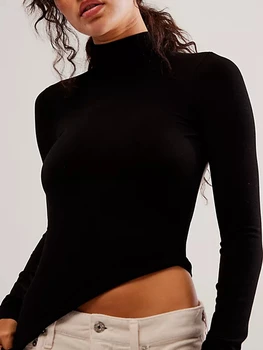 Жените секси без гръб риза дълъг ръкав макет врата тънък годни основен топ плътен цвят излиза т риза улично облекло