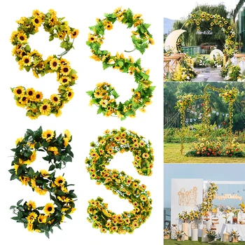 Жълт слънчоглед лоза стена висящи изкуствени бръшлян венец листа фалшиви копринени цветя за парти сватба декорация на дома
