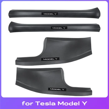 За Tesla Модел Y Протектори за прагове на вратите Предна задна врата Педал Cover Carbon Black ABS кола Анти-мръсна подложка