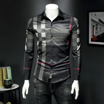 карирана Черна мъжка пролетна и есенна модна тенденция печат с дълъг ръкав ревер бутон бизнес риза