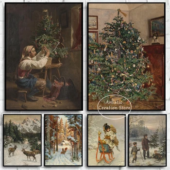 Коледно дърво живопис платно антични Бъдни вечер тържества реколта печат стена снимки зимен празник декор плакат подаръци