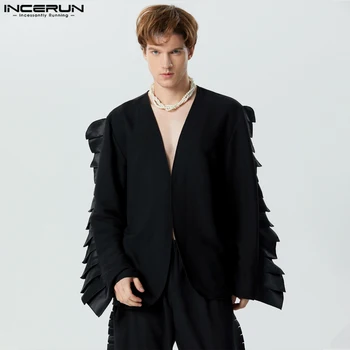 Красиви добре прилепнали върхове INCERUN Мъжка мода плисиран дизайн снаждане блуза свободно време твърди дълъг ръкав жилетка ризи S-5XL
