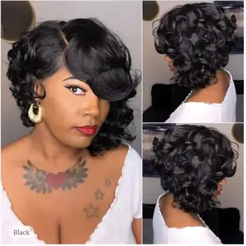 Кратко черно Боб перука вълнообразни къдрава боб прически синтетични боб перуки за черни жени естествена къса коса