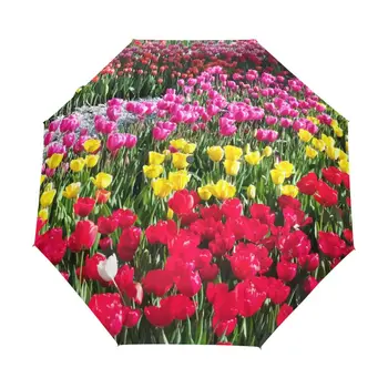Лале флорално поле сгъваем чадър цвят цветя пейзаж компактен ветроупорен пътуване чадъри дъжд за възрастни тийнейджъри деца момичета