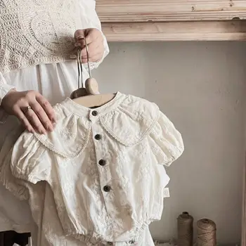 Лято бебе момичета дрехи къс ръкав бродерия боди памук ревера яка бебе дантела гащеризон принцеса малко дете едно парче