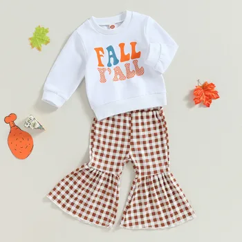 Малко дете бебе момиче панталони комплекти есенни дрехи екипировки писмо дълъг ръкав суитчъри и карирани панталони Бебешки артикули облекло