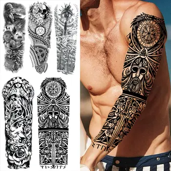 маорски Временни татуировки ръкав за мъже жени възрастни фалшив монахиня компас око пълна ръка татуировка стикер реалистични големи tatoos миещи се