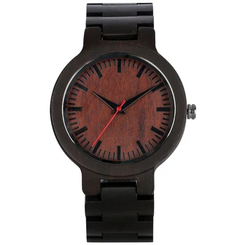 Минималистичен черен мащаб червен циферблат абанос дърво кварцов часовник за мъже пълен дървена гривна ръчен часовник стилен реколта мъжки часовници