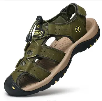 Мода Мъжки сандал Естествена кожа Мъжки обувки за лято Нови удобни обувки за ходене на открито Мъжки сандали Мъже Голям размер