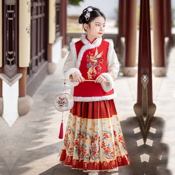 Момичета' Ханфу 2023 Зимен нов плюшен и удебелен годишен поздравителен комплект за китайска година, стил супер топла пола дълъг ръкав момиче