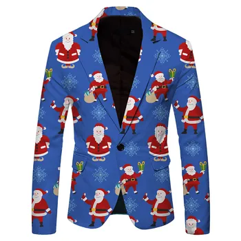 Мъжка мода свободно време Коледа отпечатани джобни бутони дълъг ръкав яке костюм яке върховете сватба мъже костюми