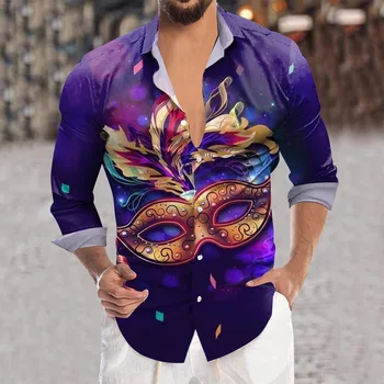 Мъжки карнавал цифров 3D отпечатан бутон ревера дълъг ръкав риза Топ бутон Camisas De Hombre за пролетта есен