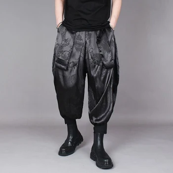 Мъжки китайски дракон модел сатен оребрени маншети случайни панталони без пол ретро мода тъмен стил хлабав плътен цвят панталони унисекс