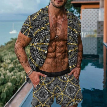 Мъжки костюм от 2 части ropa hombre Нови мъже Хавайски комплекти Летен печат Риза с къс ръкав Плажни шорти Два комплекта Casual Holiday Trip