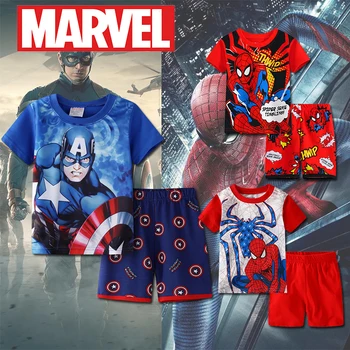 Нов Marvel детски къс ръкав памучен костюм Iron Man карикатура Spider-Man пижама мода творчески Хълк къс ръкав шорти