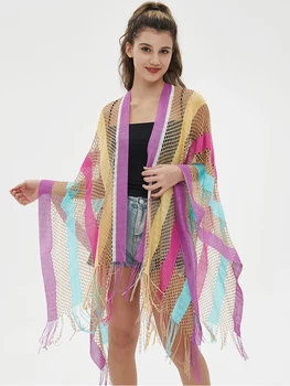 Нов плетен летен елегантен дамски шал шик кух пискюл бикини покриване на пончо капа para mujer шал Sarong Beach Wrap шал