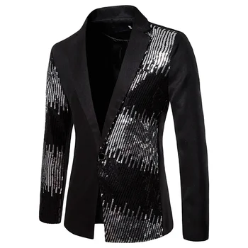 Нов стил лъскав черен пайети блясък костюм палта мъже тънък годни един бутон нетактичност яке мъжки парти сцена певец блейзър S-2XL