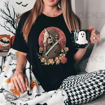 Памучна тениска къс ръкав Хелоуин нов женски череп воин печат мода случайни лято жените карикатура модел черен T-shir