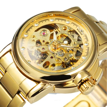 ПОБЕДИТЕЛ Луксозен скелет автоматичен часовник за жени мода диамант елегантен механични часовници злато неръждаема стомана каишка светлинен