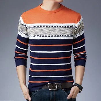 Раиран моден контраст Casual Daily 2023 Мъжки универсален пуловер с обло деколте и дълги ръкави