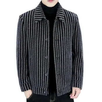 Ревера яка яке раирана еднореден мъжки жилетка палто дебела топла средата дължина бизнес стил яке за случайни плюс размер
