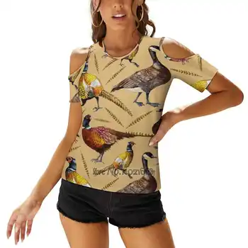 Реколта кафяв оранжев цветен фазан птици модел жени печат тениска лято секси върховете улично облекло тениска корейски върховете