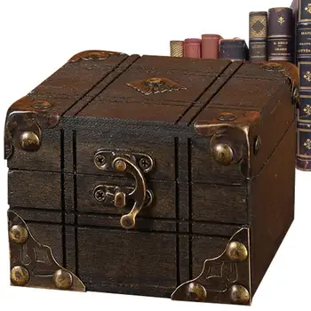 Реколта съкровище кутия ретро малка кутия за съхранение с заключване дървени бижута съкровище кутия десктоп организатор за дома спомен кутия
