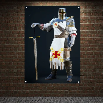 Рицари тамплиери изкуство банери реколта средновековен воин кръстоносец плакати стена арт знамена стенопис платно живопис декорация дома N5