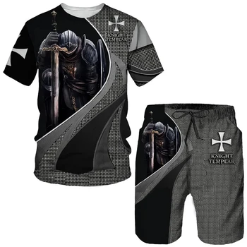 Рицари тамплиери тениски 2бр комплекти 3D печат суитчър мъжки ежедневни анцузи къс ръкав T риза комплект мъж костюми