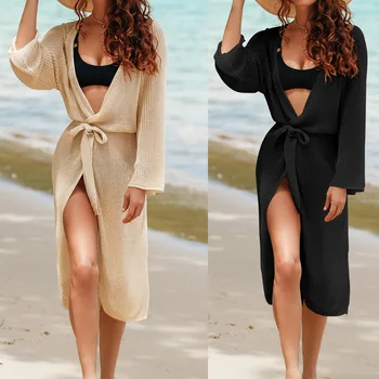 Секси бански палто жилетка плетене с дълъг плаж в бикини смок бански костюм Cover Ups Жени Sundresses рокля женски плуване