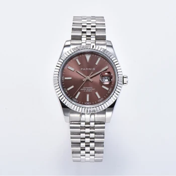 Топ луксозен часовник Parnis 39.5mm кафяв циферблат мъжки автоматичен механичен часовник сапфирен кристален календар мъжки часовници reloj hombre