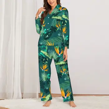 Тропическа флорална пижама комплекти есенни листа в джунглата прекрасни нощни спално облекло жени 2 парче хлабав извънгабаритни графични дома костюм подарък идея