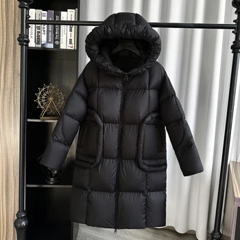 Черни дълги палта с качулка дамски 2023 зимен тънък голям джоб хлабав надолу якета темперамент елегантен дебел топъл снежен костюм