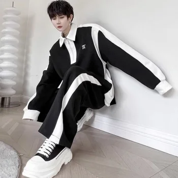 Япония корейски черен бял контраст спортни дълъг ръкав мъжки комплект поло риза и дълги панталони 2 парче комплект случайни красив анцуг