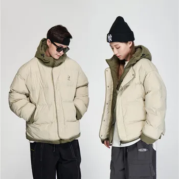 Японски дебели парки яке мъже фалшиви две пачуърк памук с качулка подплатени якета Harajuku случайни извънгабаритни палто зимата Унисекс